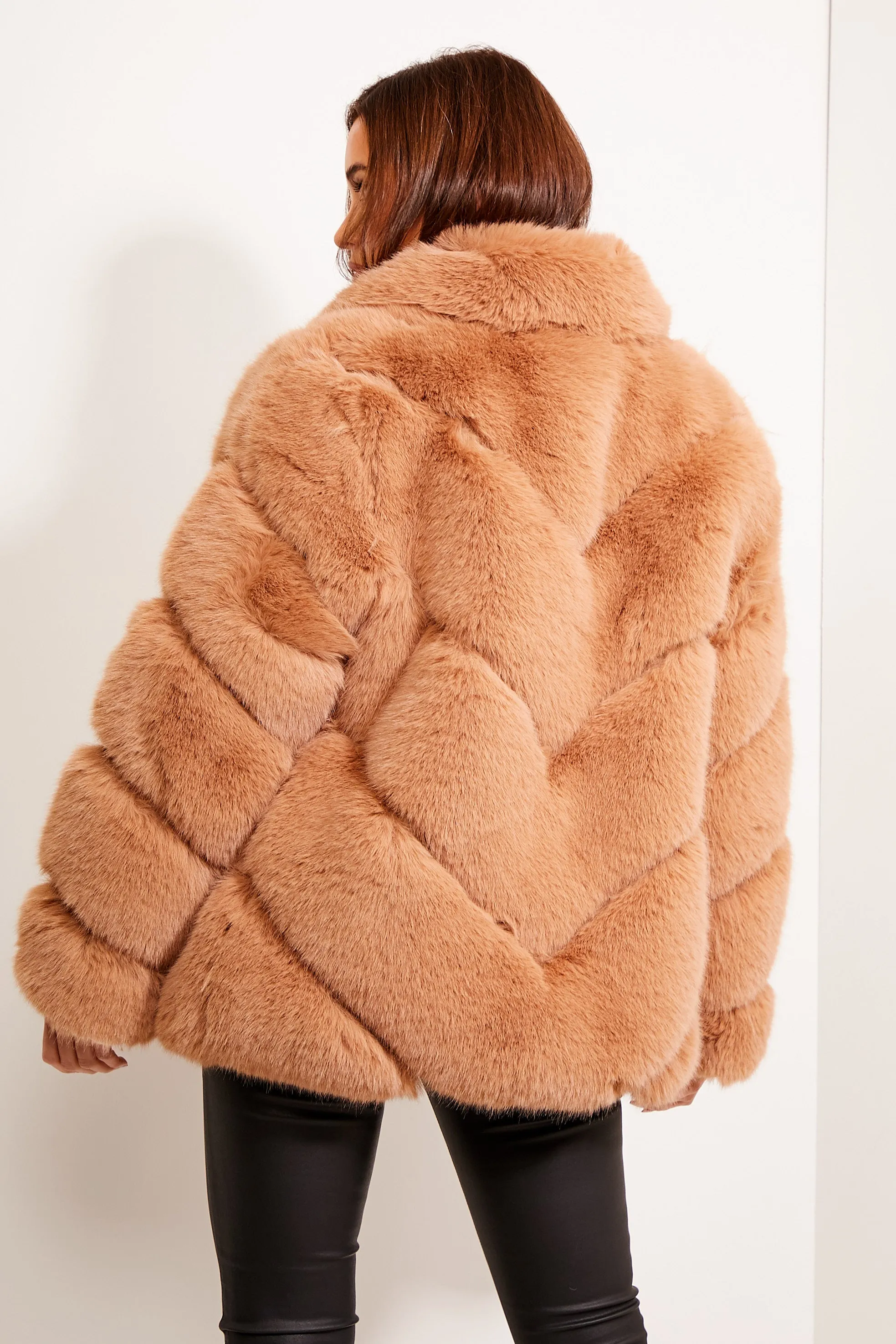 Camel Faux Fur Panelled Collared Coat