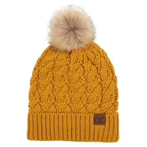 C.C Cable Ribbed Beanie Natural Plush Faux Fur Pom Pom Hat