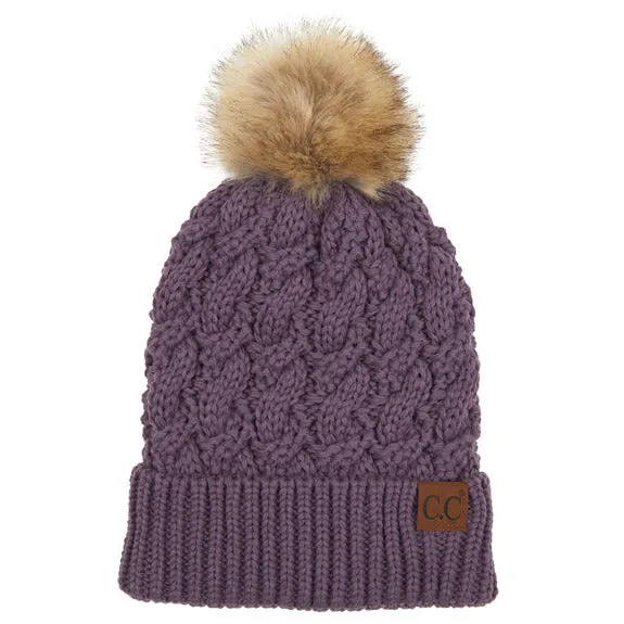 C.C Cable Ribbed Beanie Natural Plush Faux Fur Pom Pom Hat