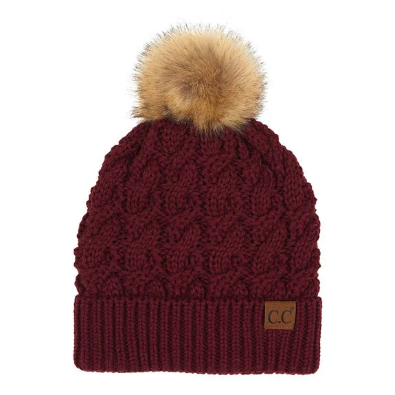 C.C Cable Ribbed Beanie Natural Plush Faux Fur Pom Pom Hat