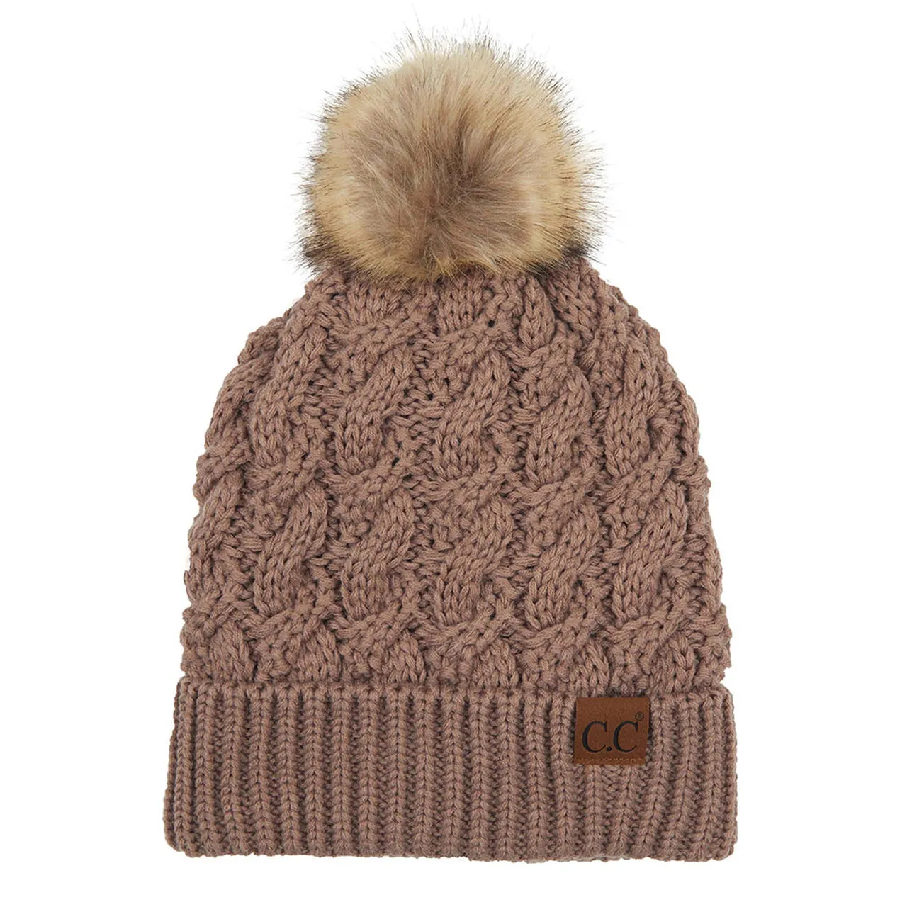 C.C Cable Ribbed Beanie Natural Plush Faux Fur Pom Pom Hat