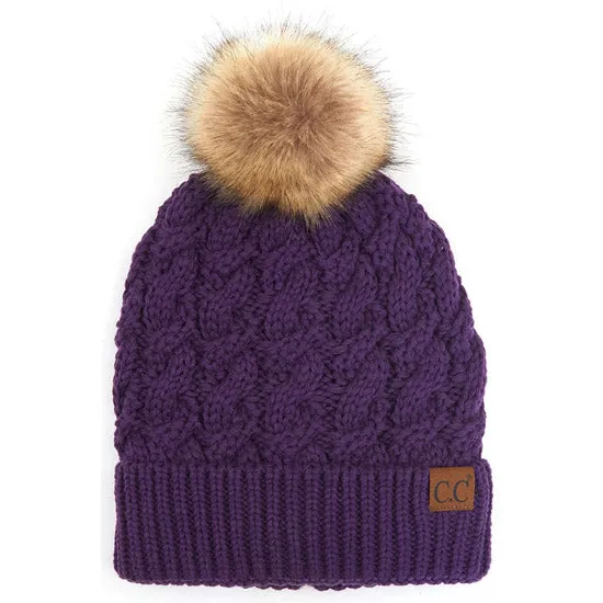 C.C Cable Ribbed Beanie Natural Plush Faux Fur Pom Pom Hat