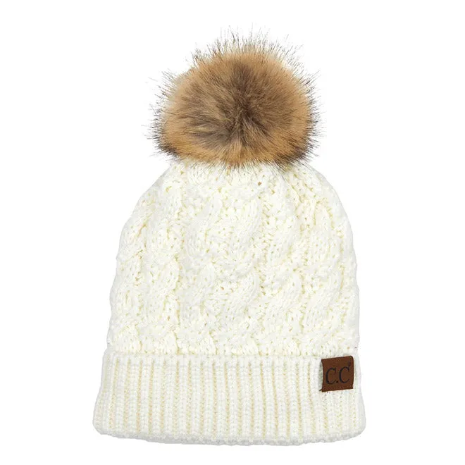 C.C Cable Ribbed Beanie Natural Plush Faux Fur Pom Pom Hat