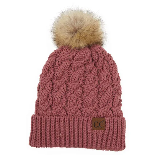 C.C Cable Ribbed Beanie Natural Plush Faux Fur Pom Pom Hat