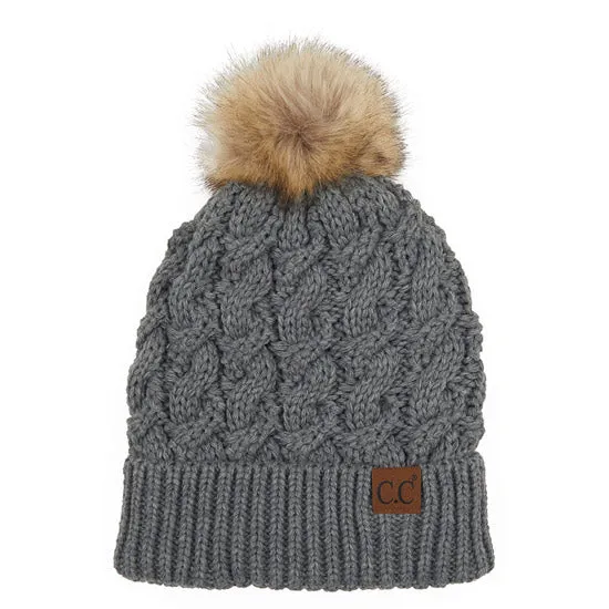 C.C Cable Ribbed Beanie Natural Plush Faux Fur Pom Pom Hat