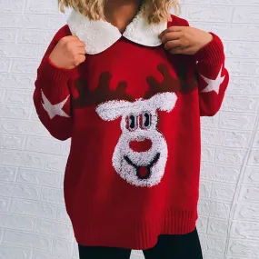 Christmas Fluffy Reindeer and Star Collared Pullover Sweater