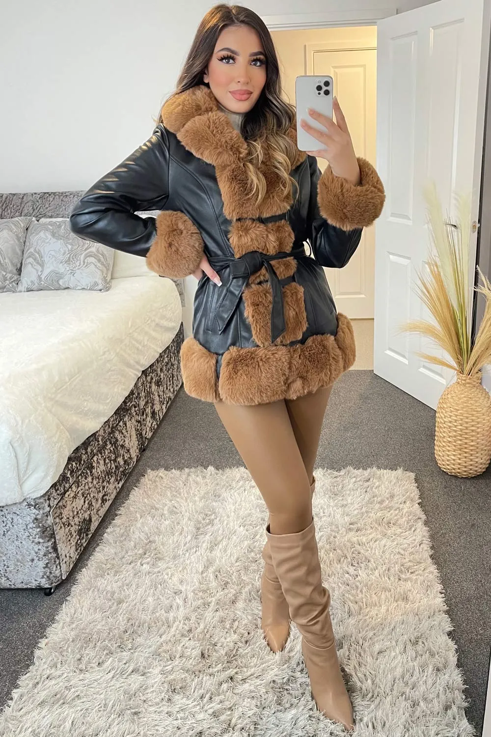 Chyla Black and Camel Faux Fur Trim Faux Leather Zip Up Belted Coat