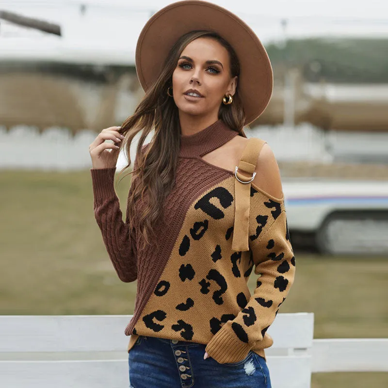 Color Block Asymmetric Cutout Shoulder Leopard Print Cable Knit Sweater