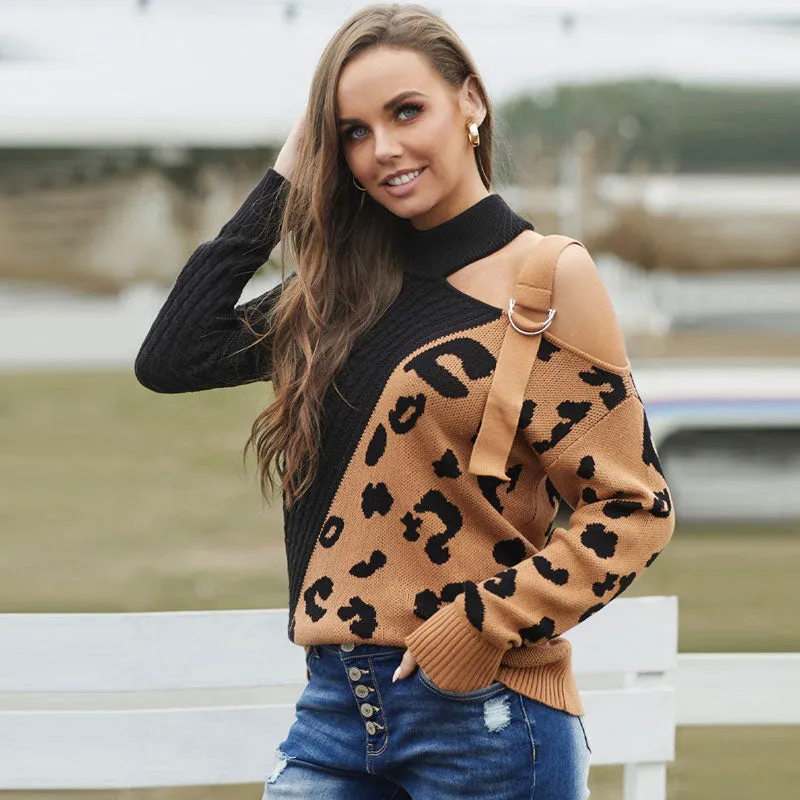 Color Block Asymmetric Cutout Shoulder Leopard Print Cable Knit Sweater