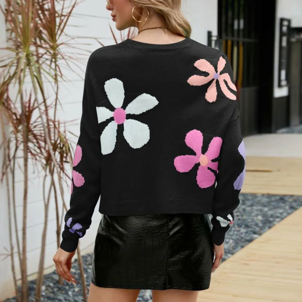 Colorful Daisy Floral Print Crew Neck Oversized Pullover Sweater