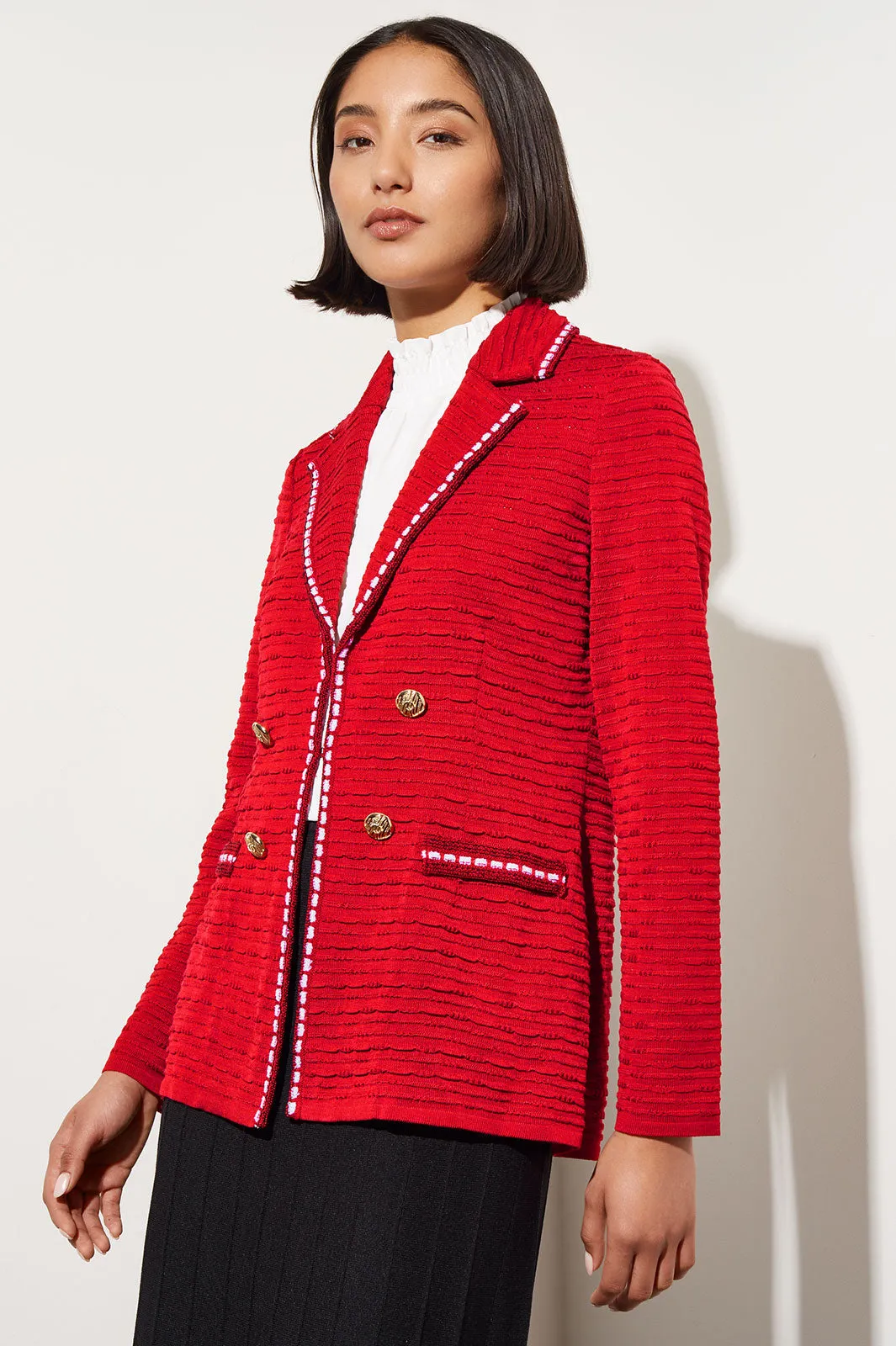 Contrast Trim Textured Knit Jacket, Garnet