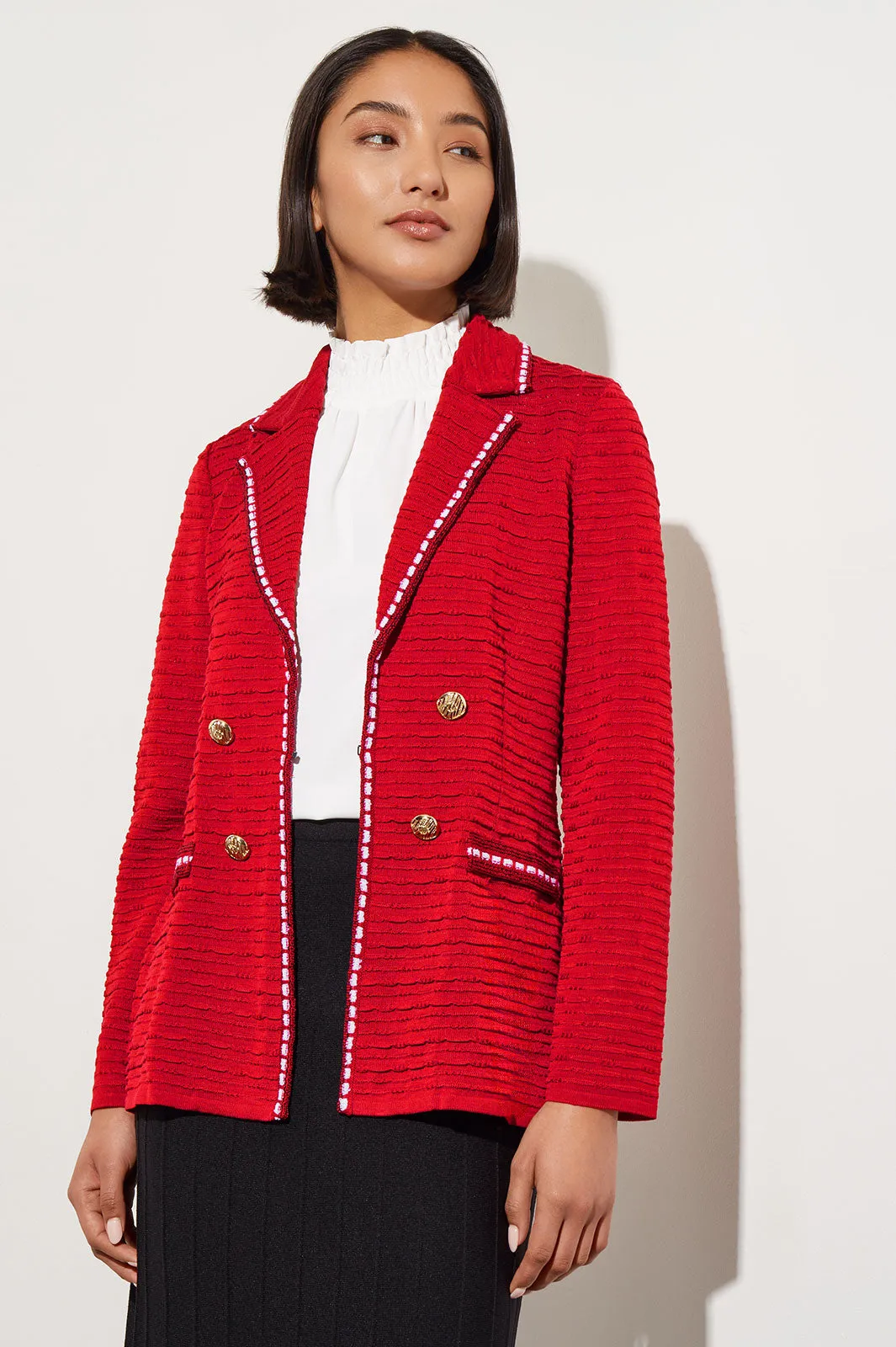 Contrast Trim Textured Knit Jacket, Garnet