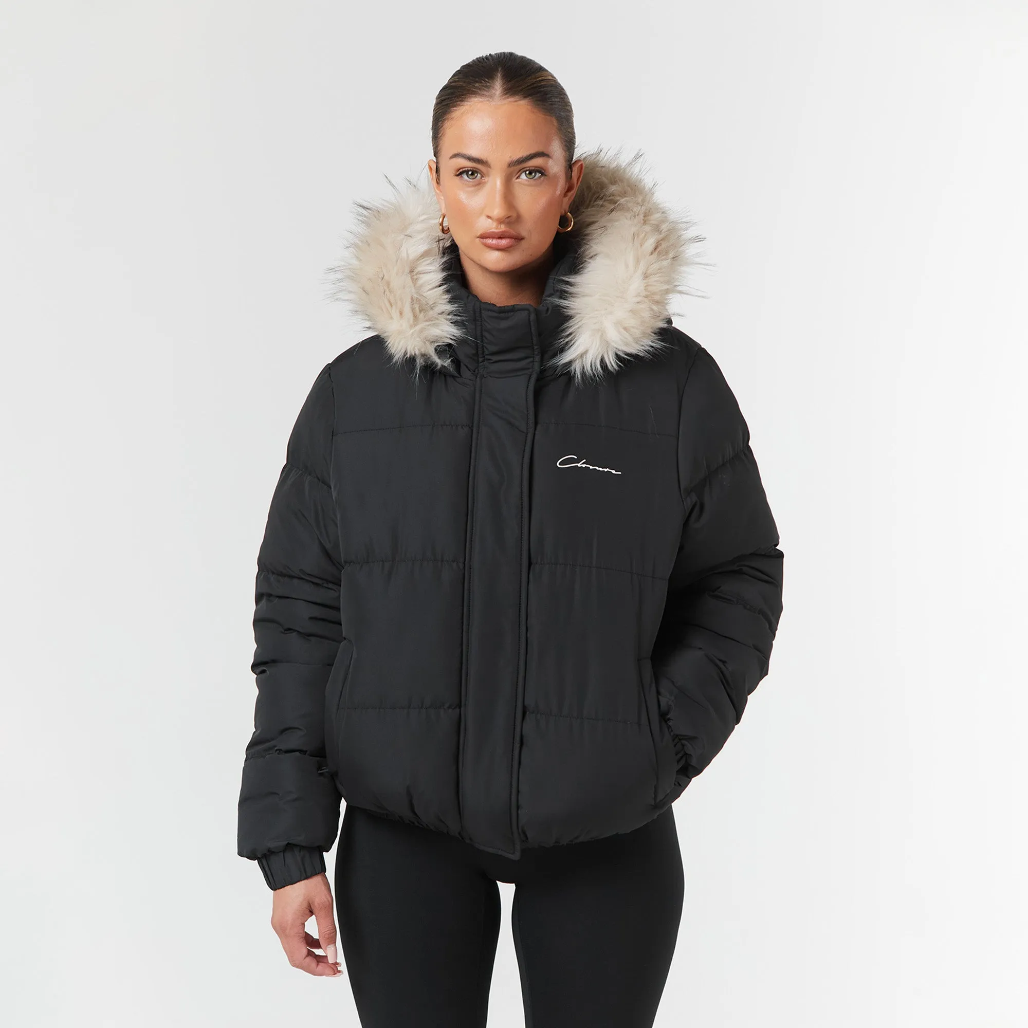 Faux Fur Cropped Puffer | Black