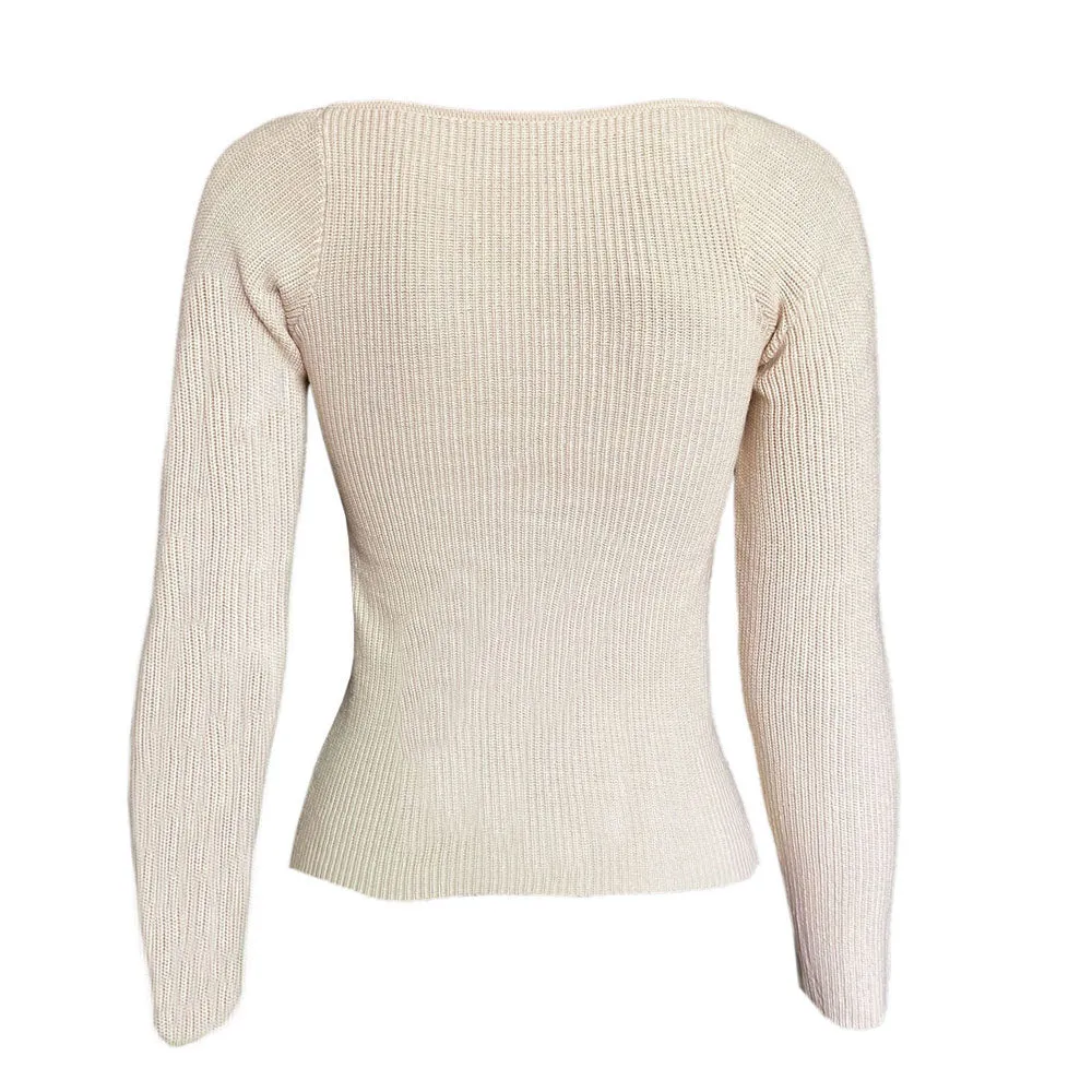 Feminine Twist Front Sweetheart Long Sleeve Beige Knit Top