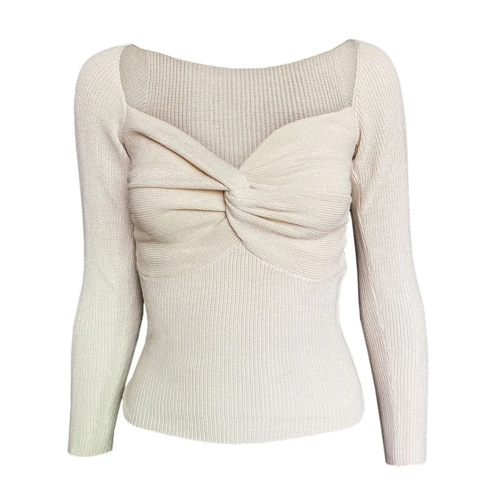 Feminine Twist Front Sweetheart Long Sleeve Beige Knit Top