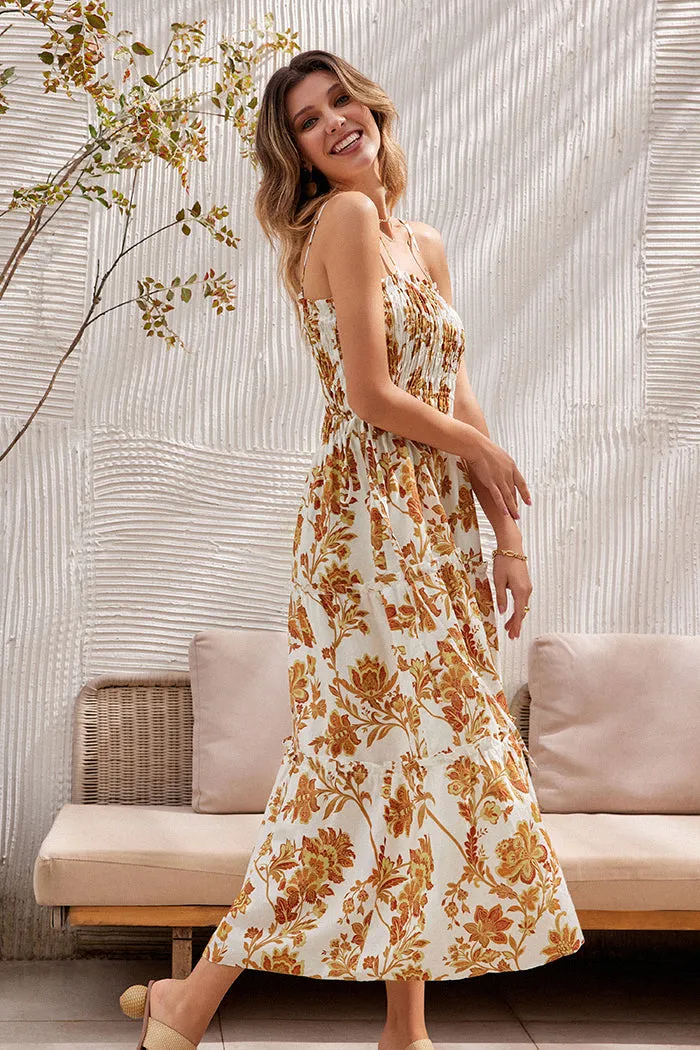 Floral Printed Smocked Silp Maxi Dress