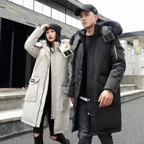 Foesce -30 Degree Couple Winter White Duck Down Jacket Long Keep Warm Thicken Coat Men Fashion Hooded Fur Collar Windbreaker Down Parka