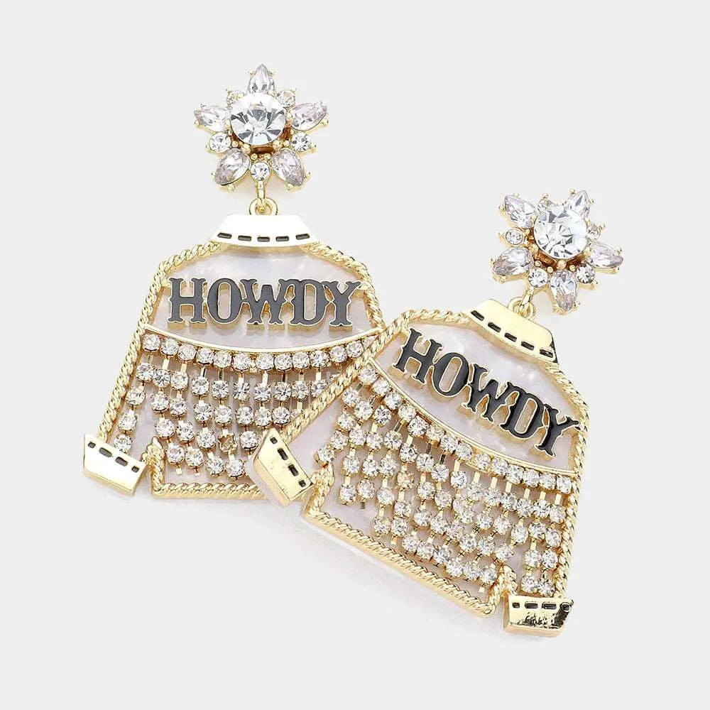 Gold & White HOWDY Rhinestone Embellished Western Jacket Dangle Earring