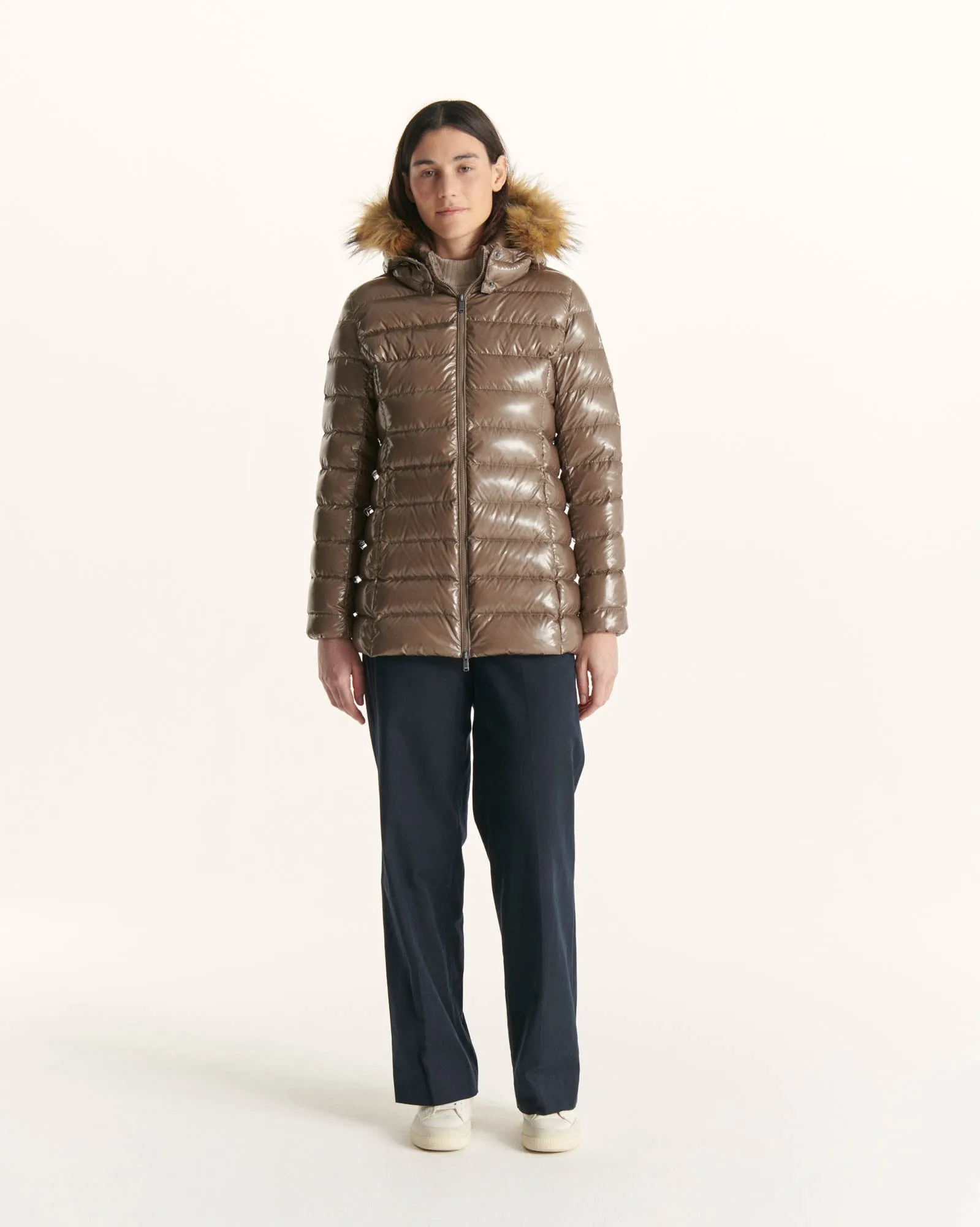 Grand Froid Perle Taupe lacquered mid-length jacket