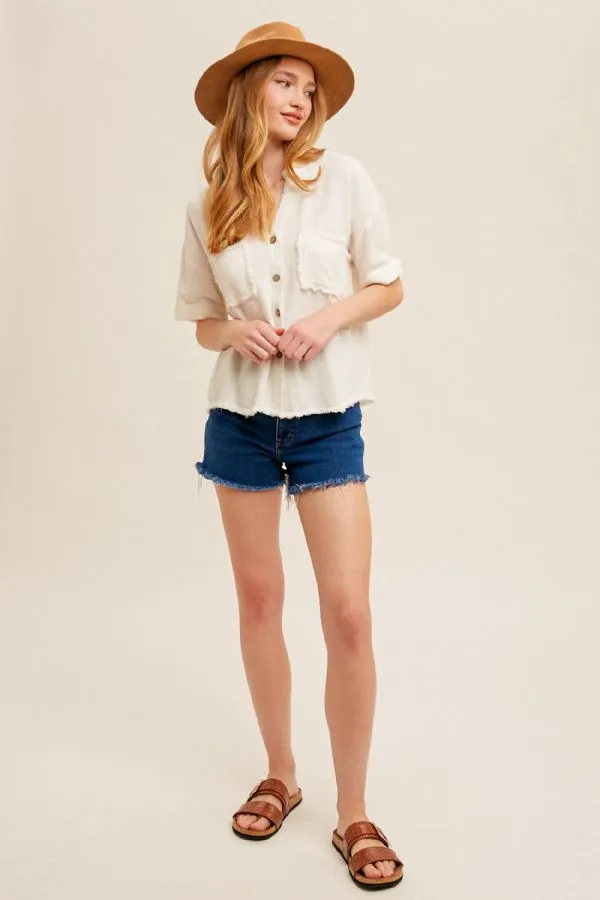 Lapel Collar Button Down V-Neck Short Sleeve Top