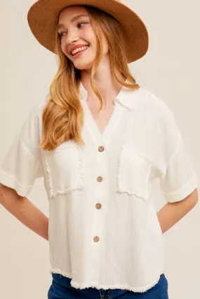 Lapel Collar Button Down V-Neck Short Sleeve Top