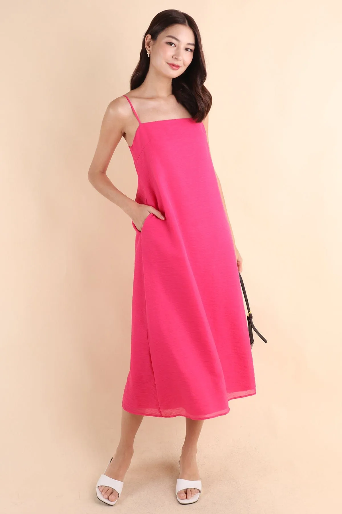 LYN SLIP MIDI DRESS IN BARBIE PINK