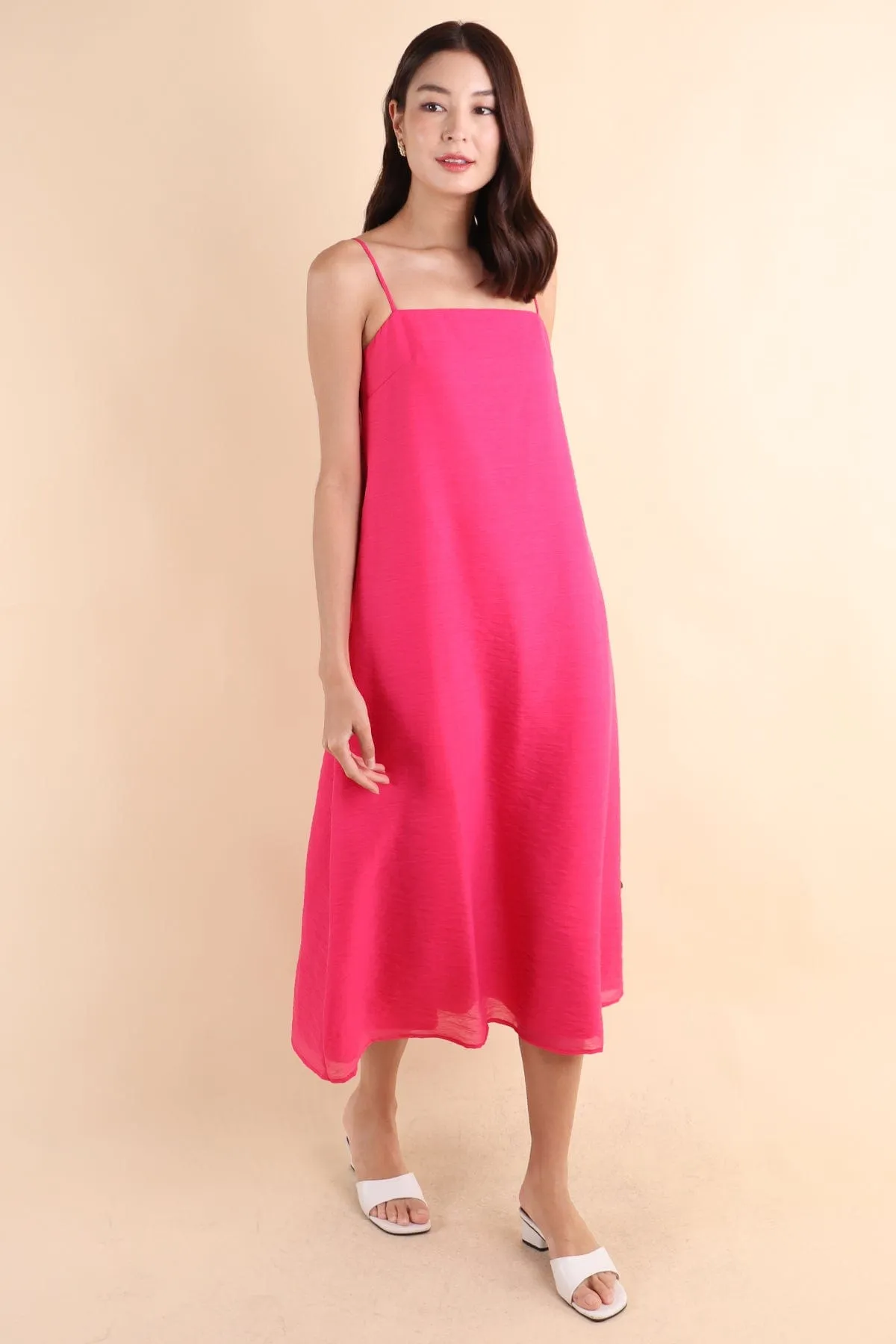 LYN SLIP MIDI DRESS IN BARBIE PINK