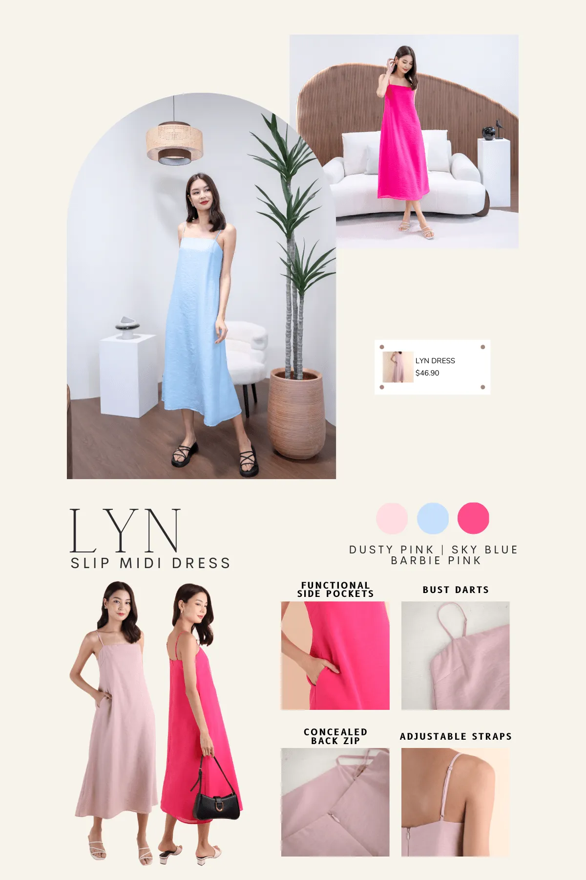 LYN SLIP MIDI DRESS IN BARBIE PINK