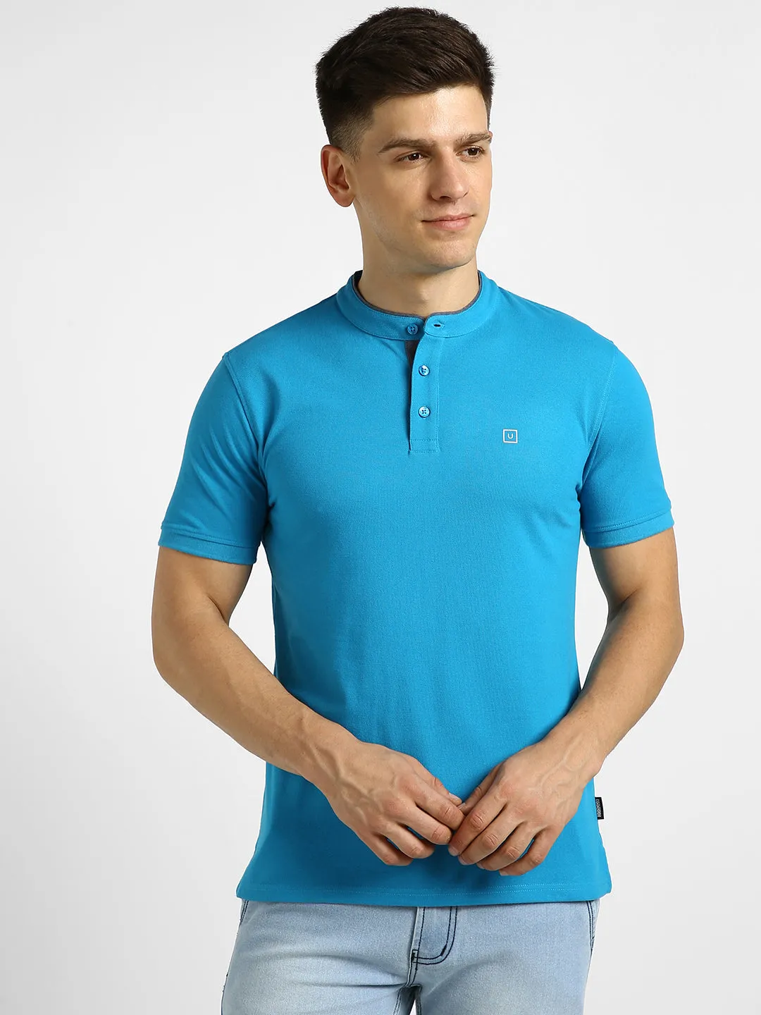 Men's Blue Solid Slim Fit Half Sleeve Cotton Polo T-Shirt with Mandarin Collar