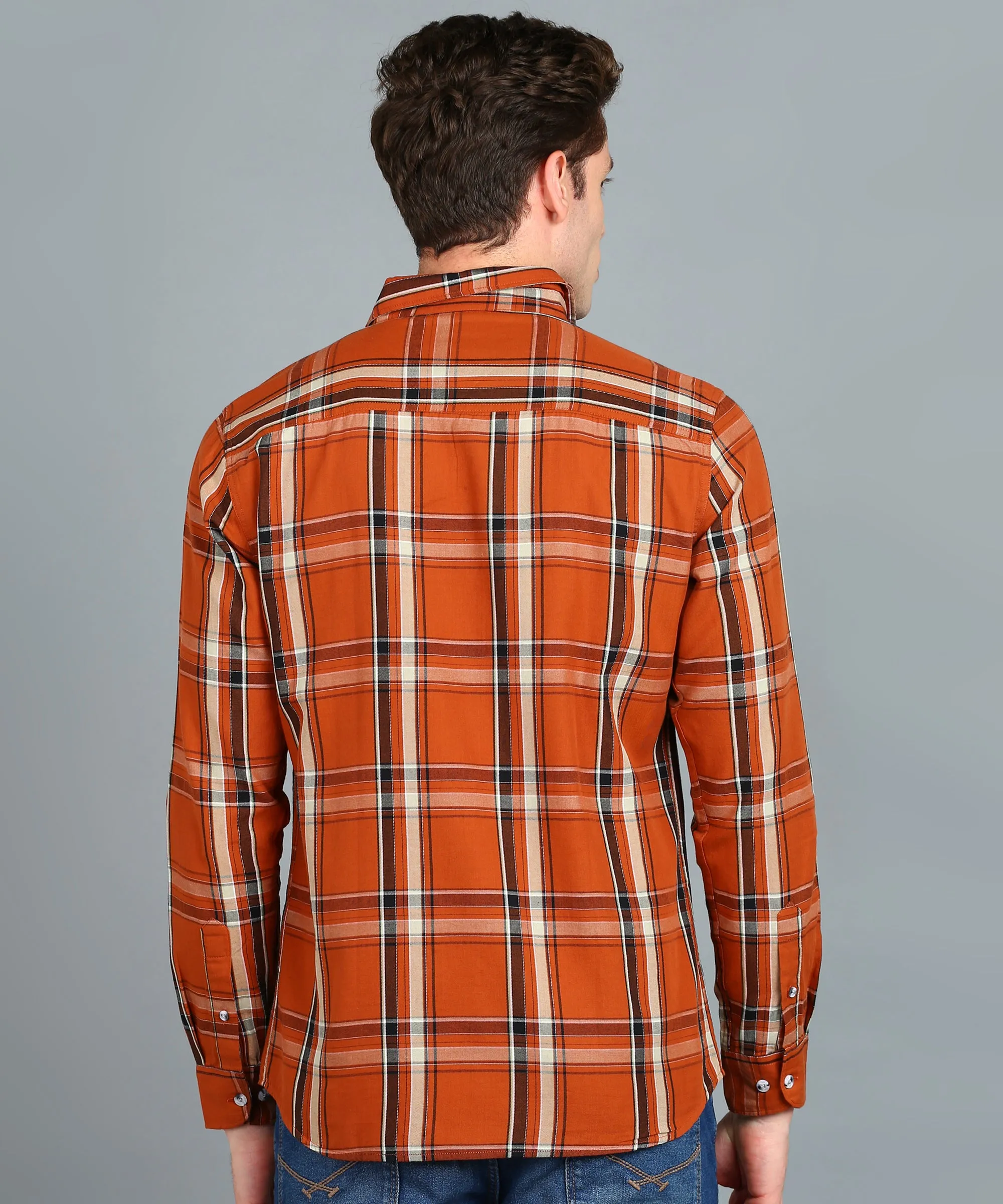 Men's Orange Cotton Full Sleeve Slim Fit Casual Checkered Shirt