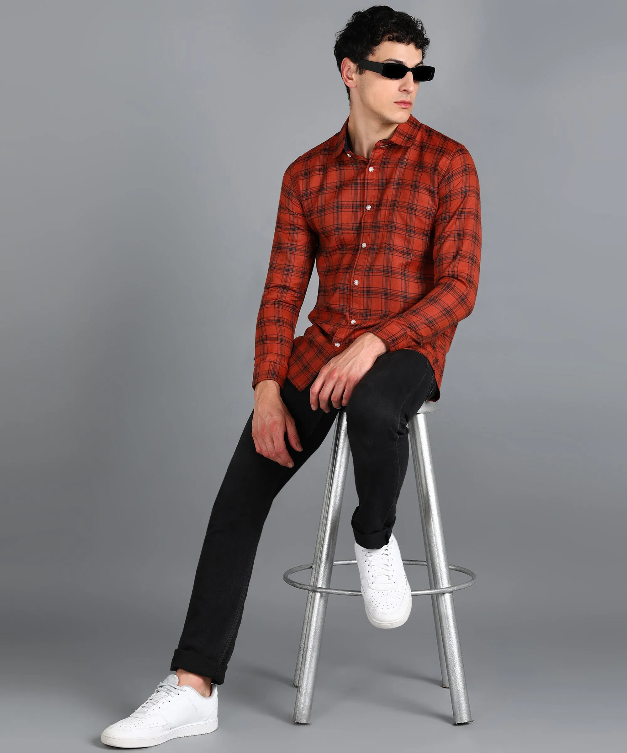 Men's Orange Cotton Full Sleeve Slim Fit Casual Checkered Shirt