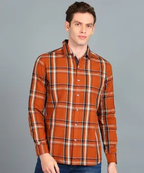 Men's Orange Cotton Full Sleeve Slim Fit Casual Checkered Shirt