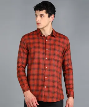 Men's Orange Cotton Full Sleeve Slim Fit Casual Checkered Shirt