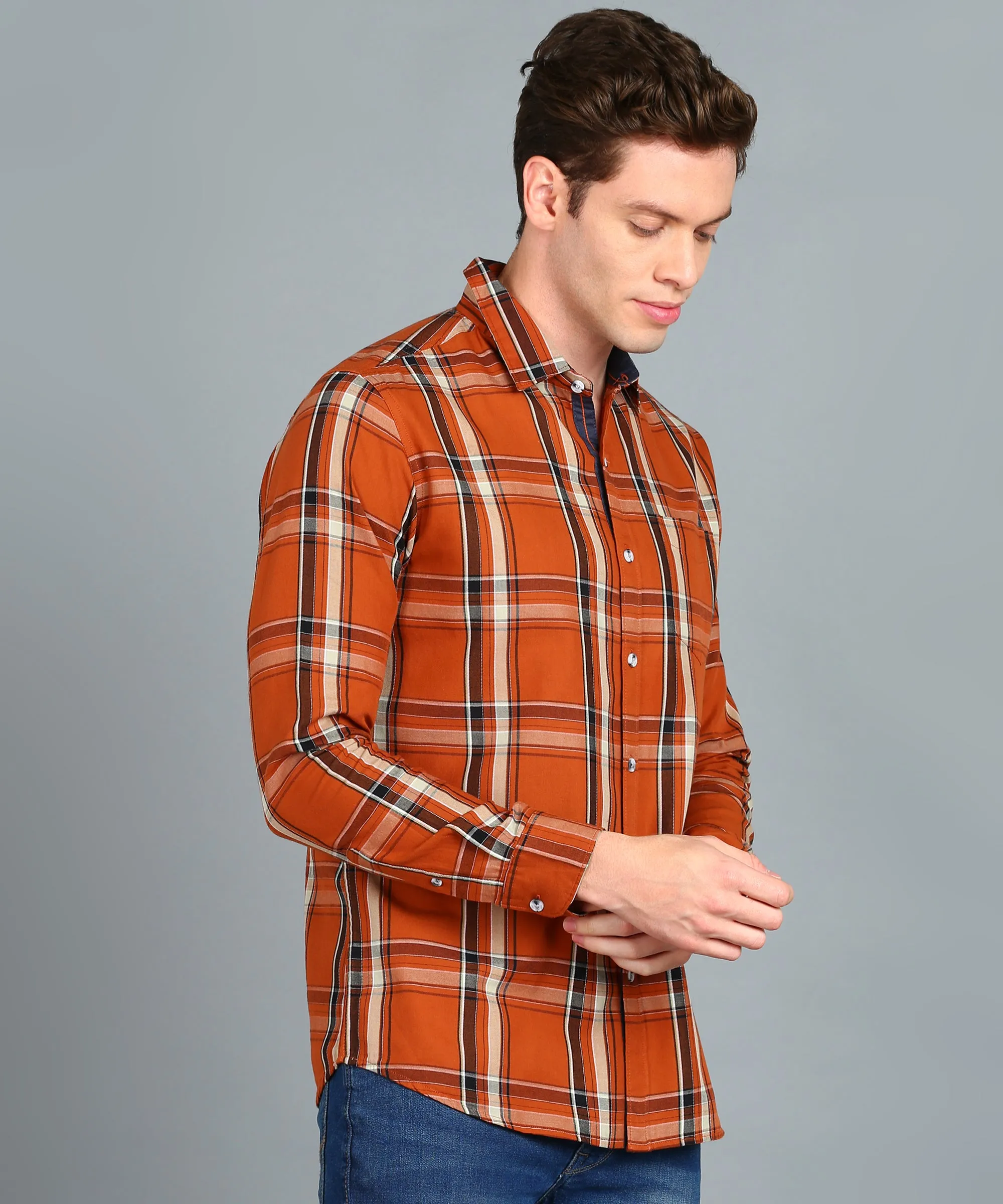 Men's Orange Cotton Full Sleeve Slim Fit Casual Checkered Shirt