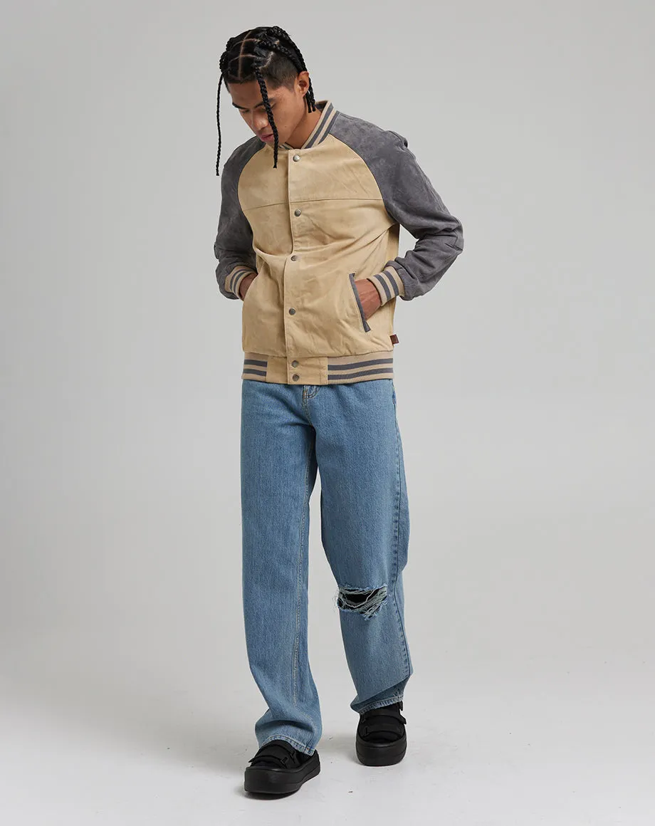 MULHOLLAND MEN'S REAL SUEDE VARSITY JACKET | ECRU