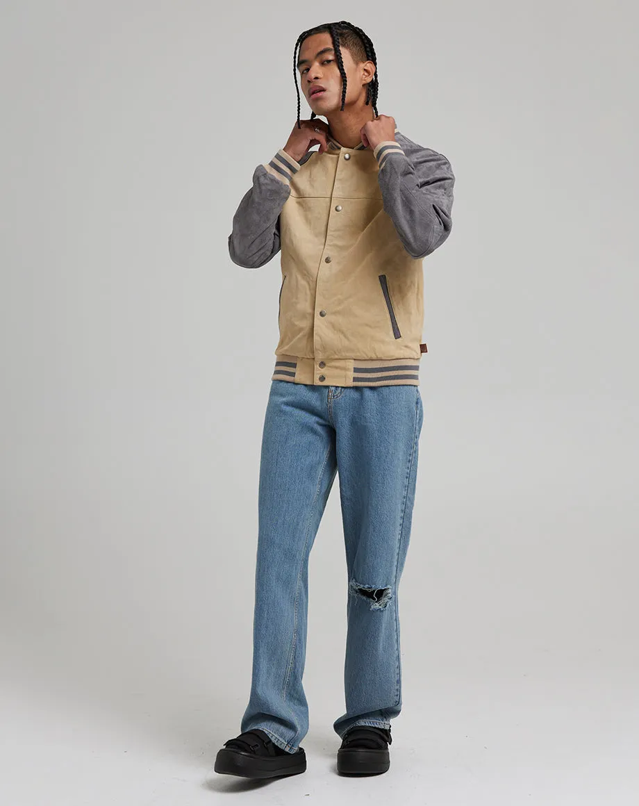 MULHOLLAND MEN'S REAL SUEDE VARSITY JACKET | ECRU