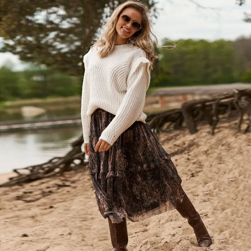 Oversized Chunky Ribbed Knit Flutter Long Sleeve Pullover Sweater