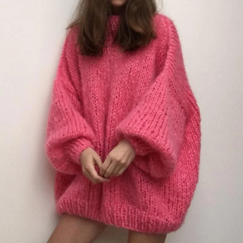 Oversized High Neck Drop Shoulder Handmade Chunky Knit Sweater