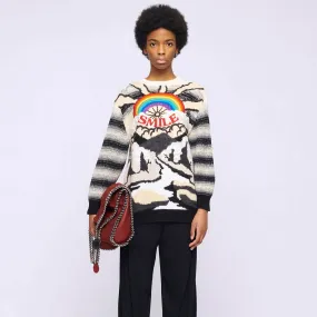 Oversized Landscape Intarsia Knit Crew Neck Rainbow Striped Sweater