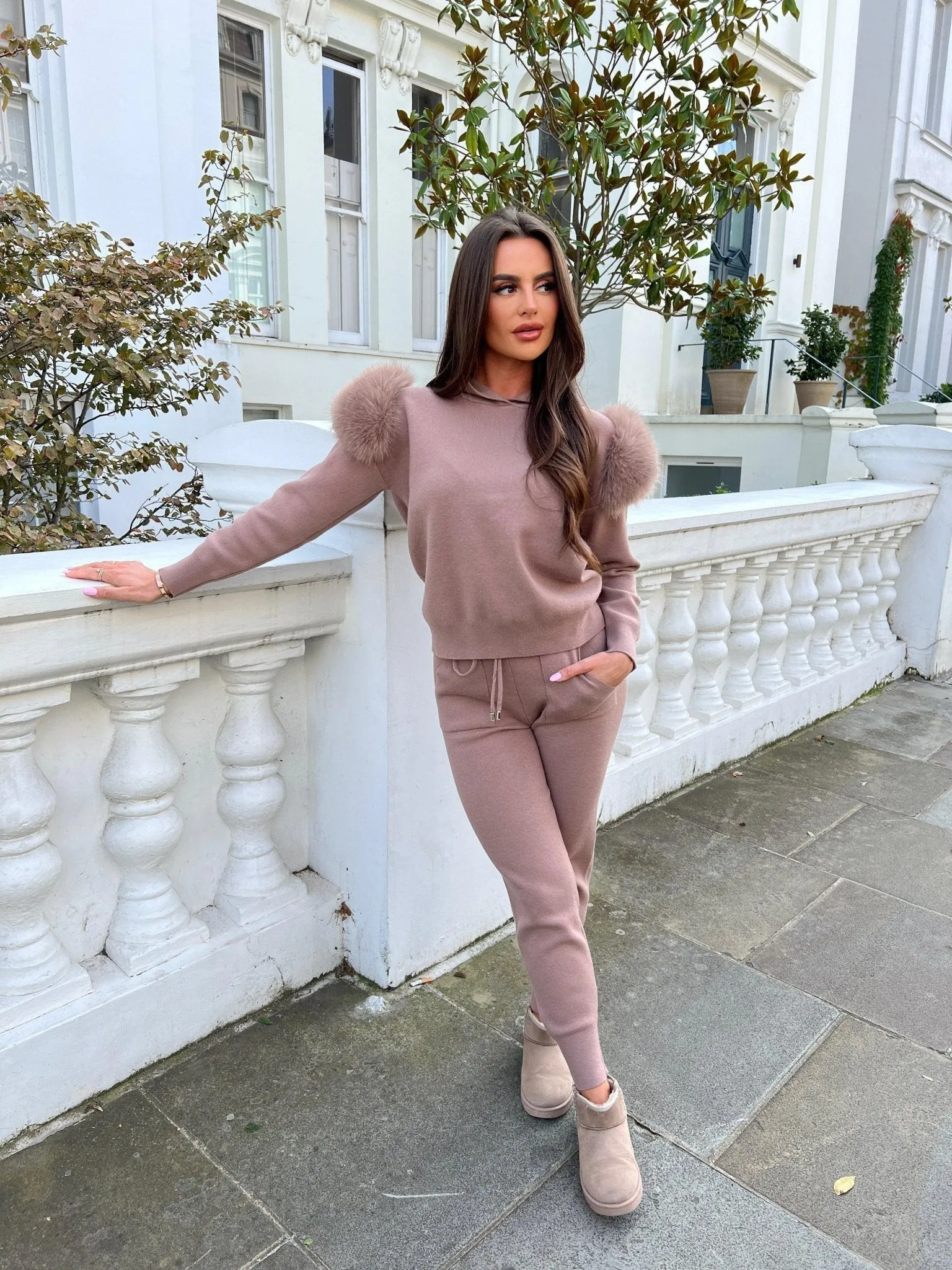 Premium Taupe Faux Fur Hooded Tracksuit