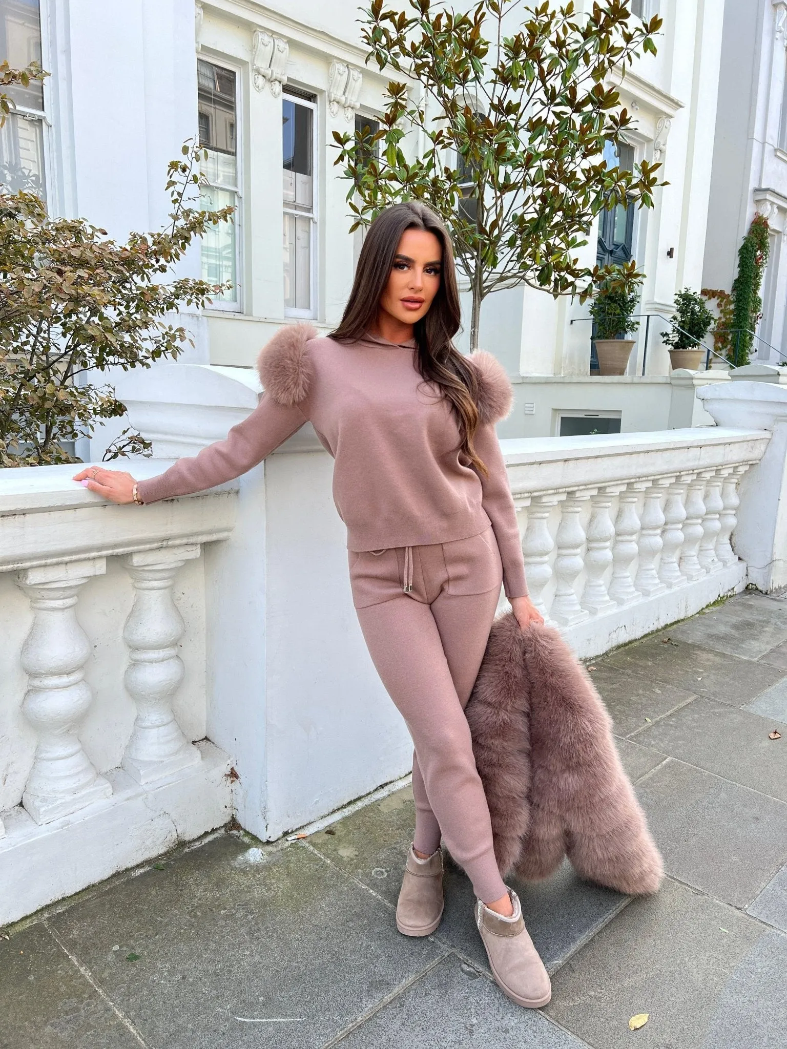 Premium Taupe Faux Fur Hooded Tracksuit