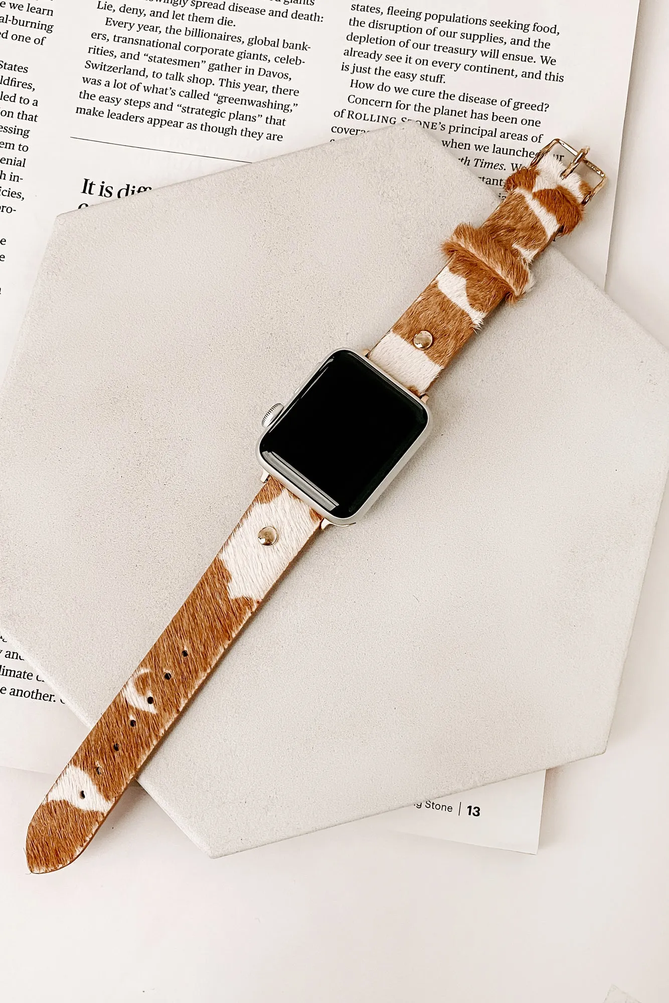 "Oh Look At The Time" Spotted Faux Fur Apple Watch Band (Tan)