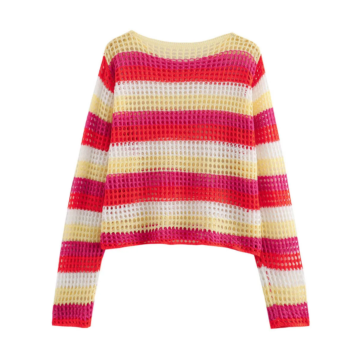 Rainbow Stripe Boat Neck Long Sleeve Oversized Crop Crochet Knit Sweater