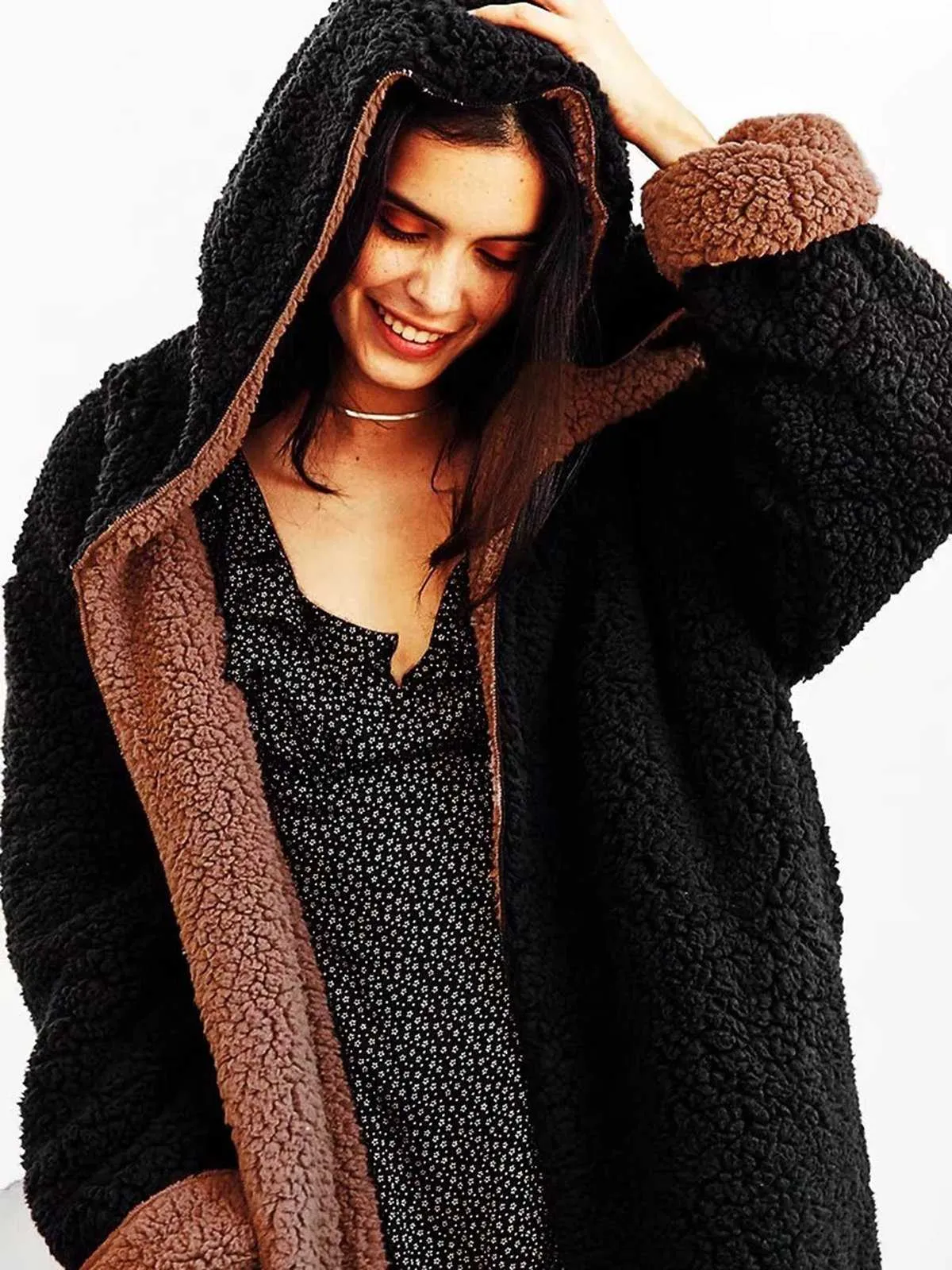 Revers Fuzzy Faux Fur Hooded Long Winter Coat