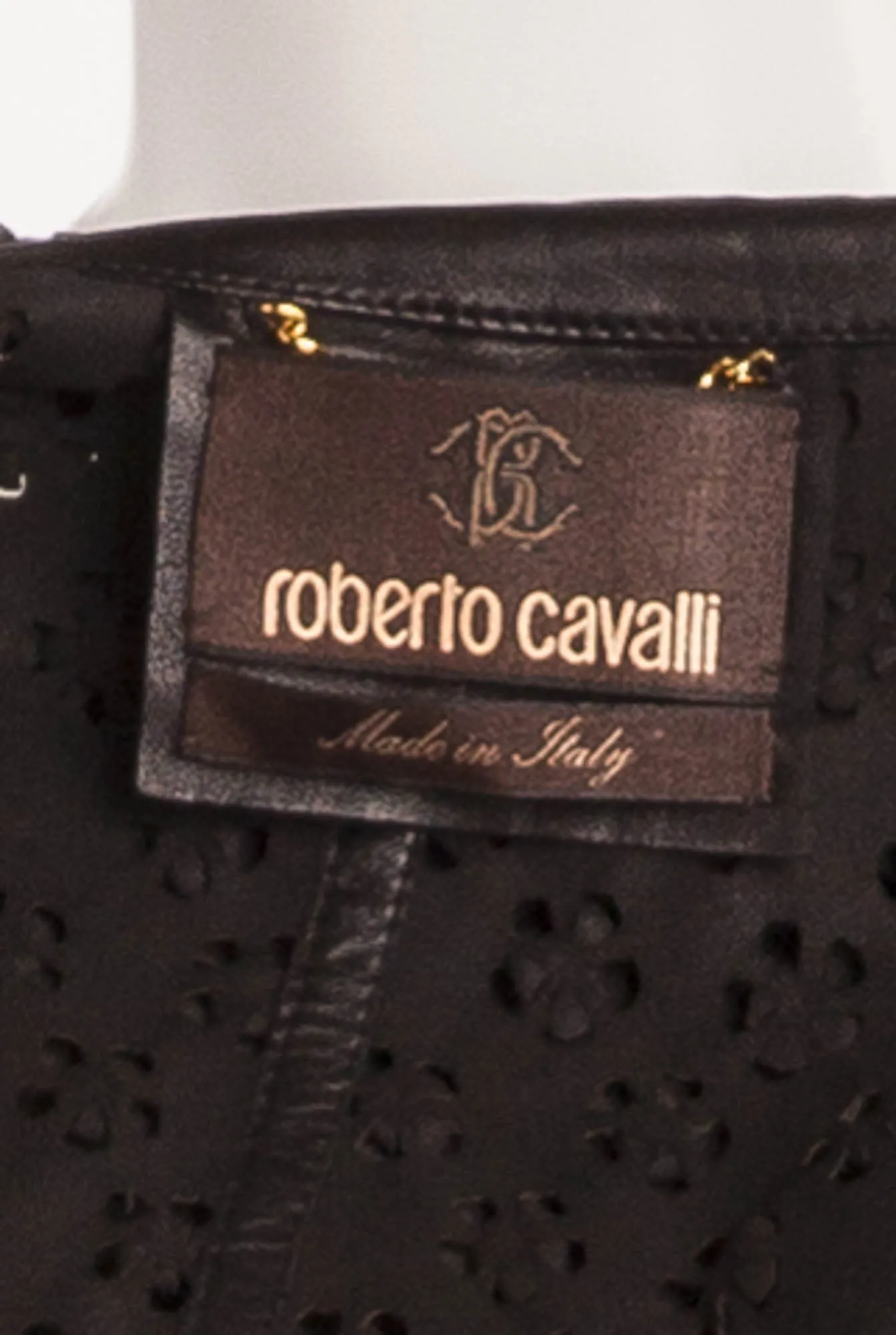 Roberto Cavalli - Black Long Sleeve Leather Coat Flower Design with Belt -