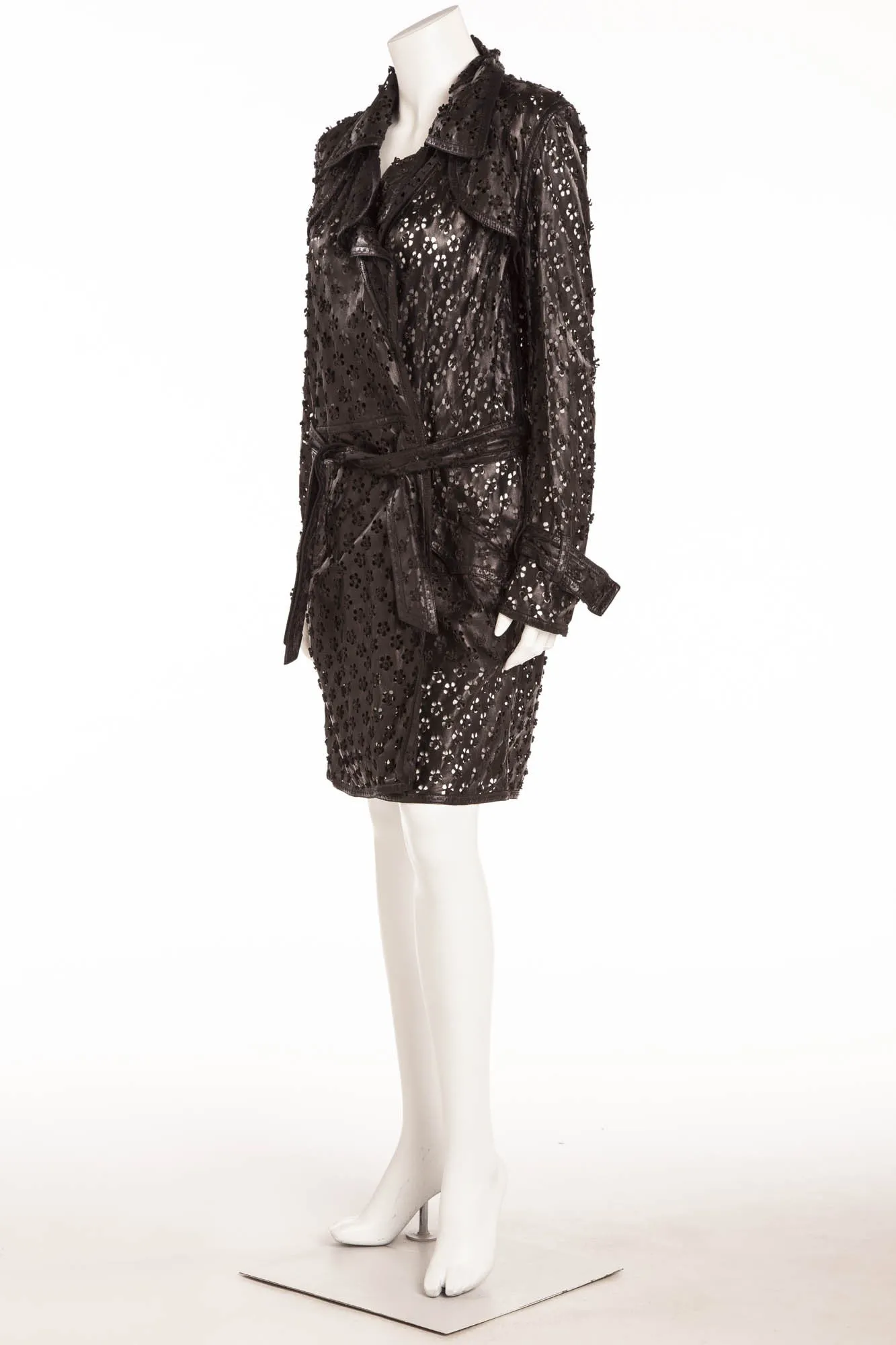 Roberto Cavalli - Black Long Sleeve Leather Coat Flower Design with Belt -