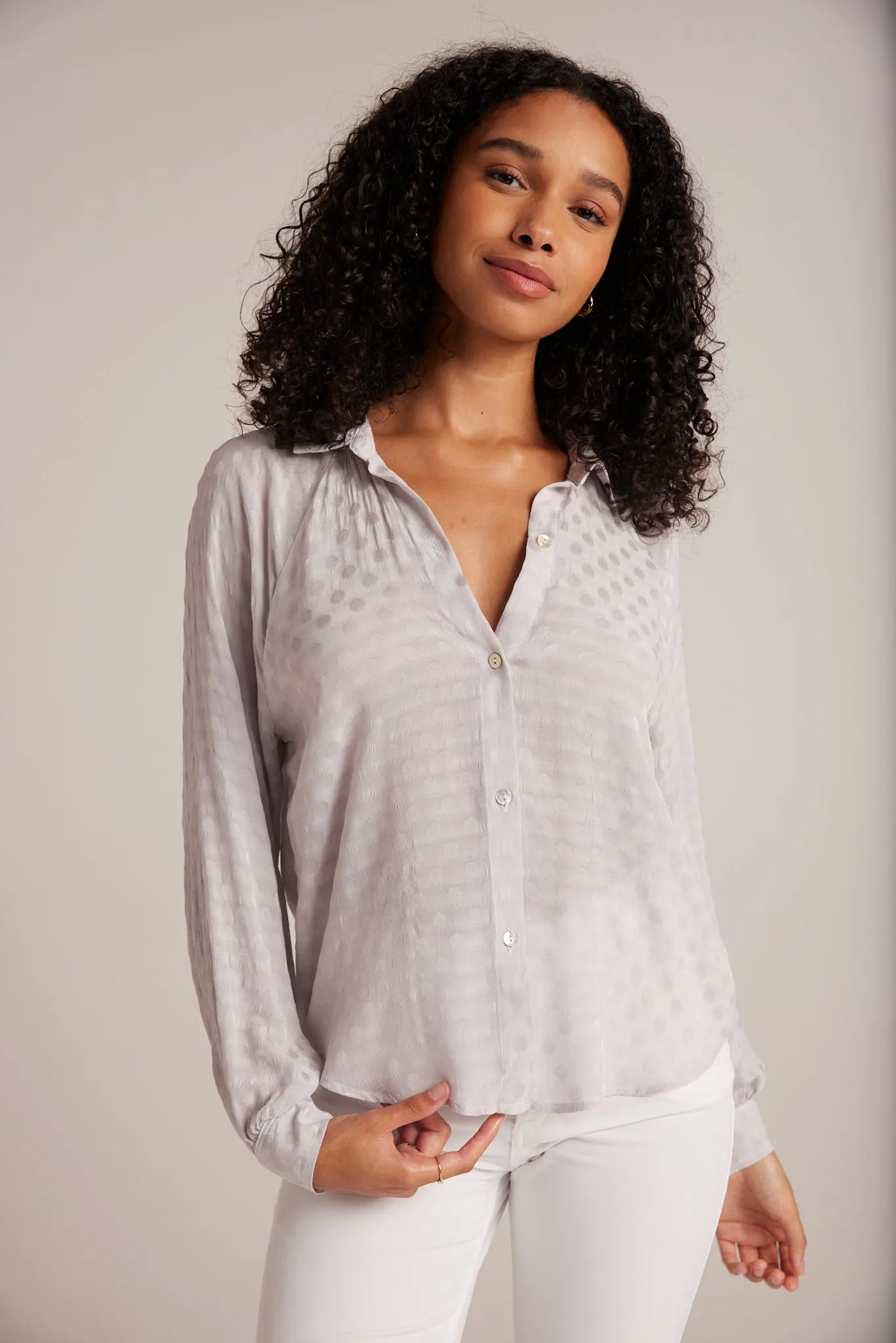 Round Hem Bishop Sleeve Shirt - Silver Pearl