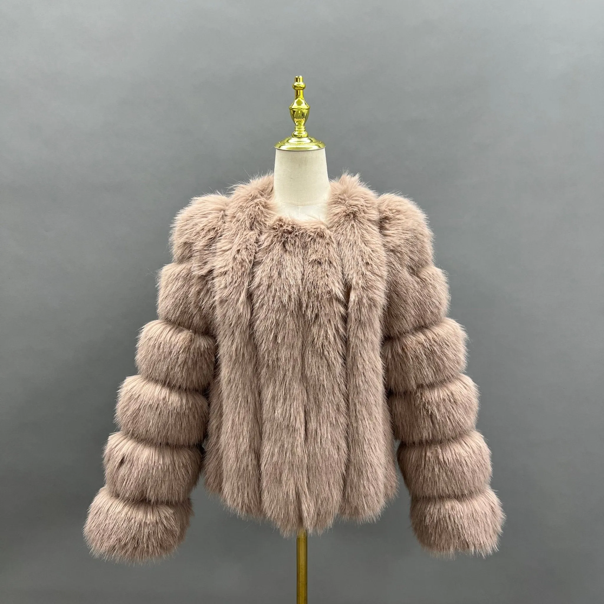 Taupe Vertical Design Faux Fur Coat