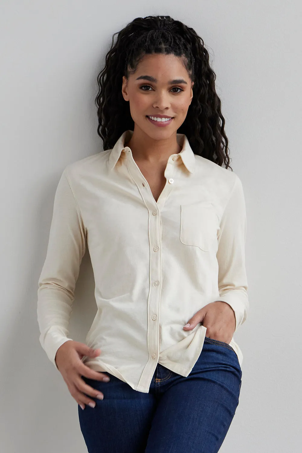 Women's 100% Organic Cotton Knit Button Down Shirt